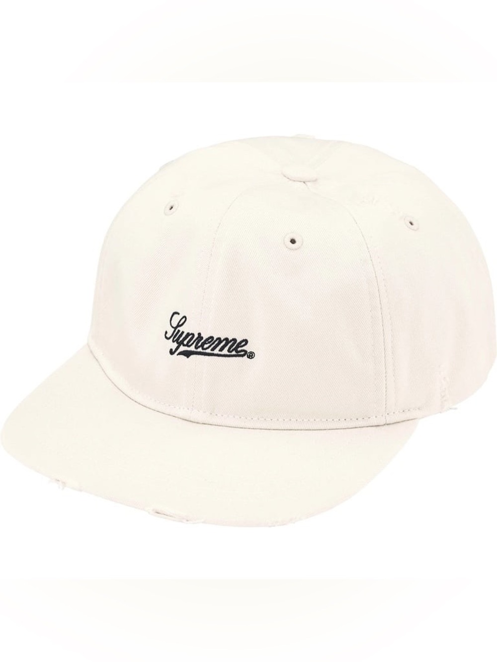 Supreme Distressed Script Logo 6-Panel Hat 'Stone' FW25 Distressed double-layer